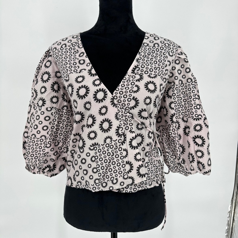 Desigual Pink Patchworkโ Wrap Blouse V-Neck Puff Sleeve Top Women's Small